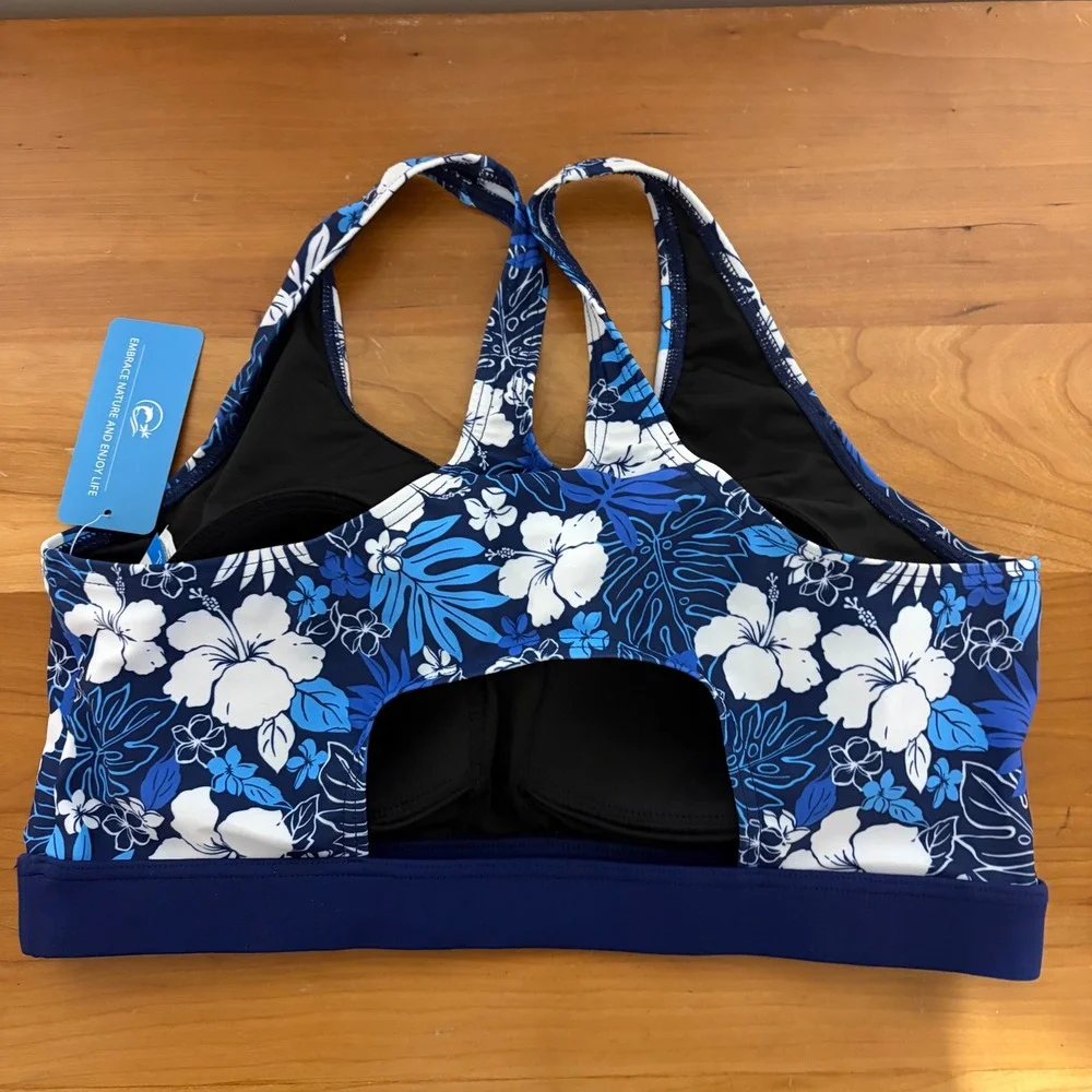 Halcurt Womens Blue White Tropical Floral Racerback Tankini Swim Top XL NWT